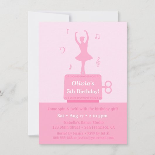 Invitation Ballerina Music Box Fille fête d'anniversaire (Devant)