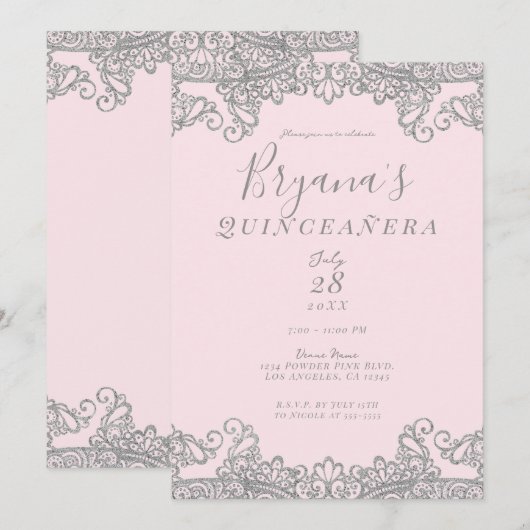 Invitation Ballerina Parties scintillant rose argent dentelle (Devant / Derrière)