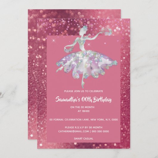 Invitation Ballerina parties scintillant rose brillant filles (Devant / Derrière)