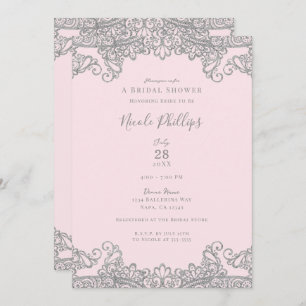 Invitation Ballerina Pink Silver Lace Élégante Fête des marié