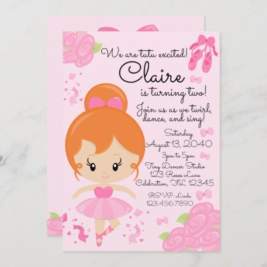 Invitation Ballerina rose Ballet Tutu Anniversaire (Devant / Derrière)