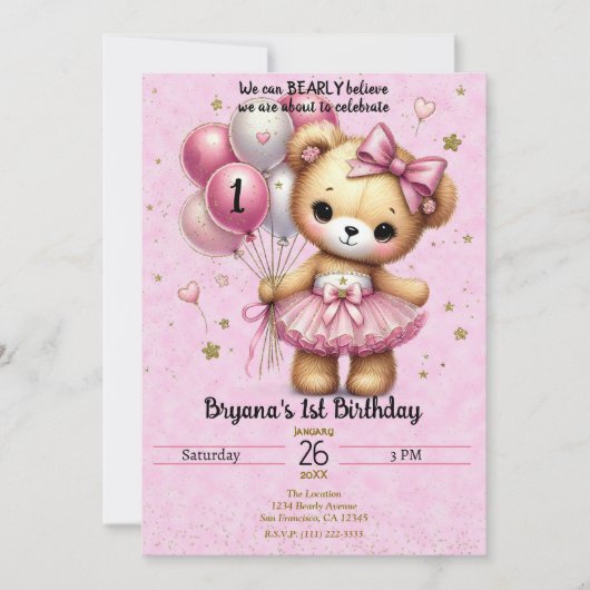 Invitation Ballerina rose Bear Parties scintillant Ballons 1e (Devant)