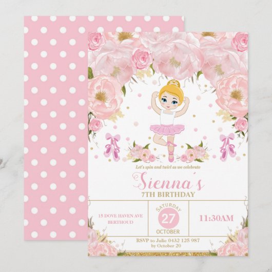 Invitation Ballerina rose florale Anniversaire Tutu Ballet Da (Devant / Derrière)