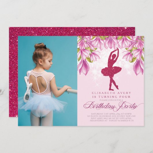Invitation Ballerina rose photo d'anniversaire (Devant / Derrière)