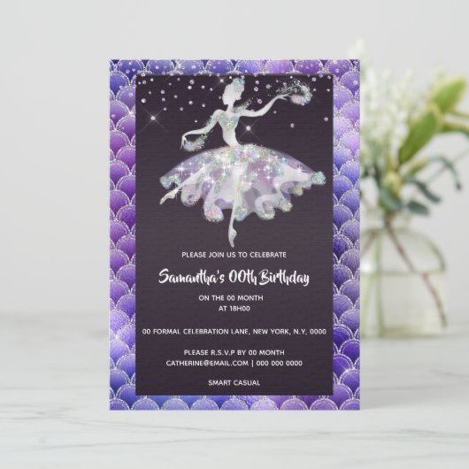 Invitation Ballerina sirène parties scintillant rose violet f (Debout devant)