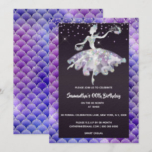 Invitation Ballerina sirène parties scintillant rose violet f