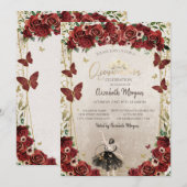 Invitation Ballerina,Tiara,Red Flowers  Quinceañera  (Devant / Derrière)