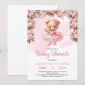 Invitation Ballerina tutu rose fille ours en peluche rousse r (Devant / Derrière)