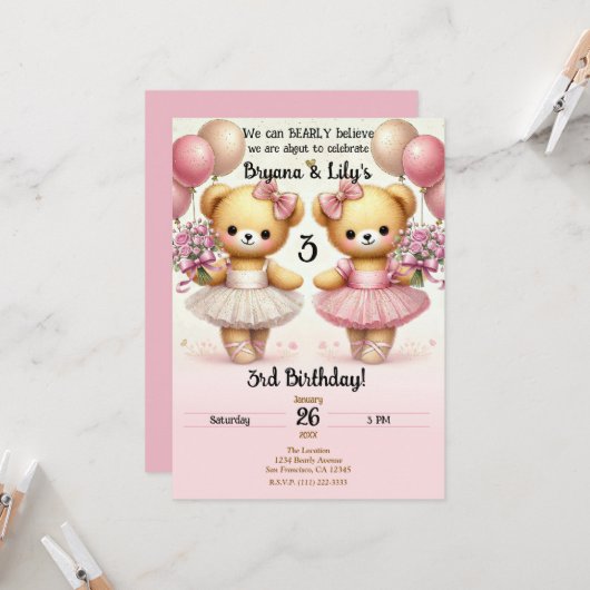 Invitation Ballerina Twinkle Toile Twin Bears Anniversaire (Devant/Arrière en situation)