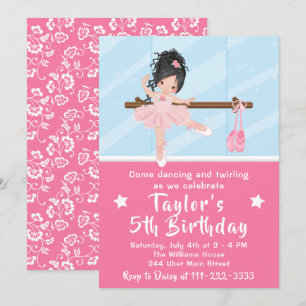 Invitation Ballerine aux cheveux noirs en tutu rose pour anni