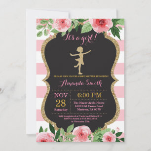 Invitation Ballerine Baby Shower Fuschsa et Paillettes Dorées