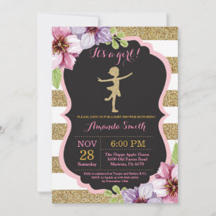 Invitation Ballerine Baby Shower Rose et Paillettes Dorées