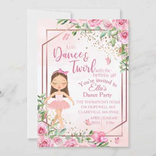 Invitation Ballerine danse aquarelle rose anniversaire  (Devant)