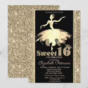 Invitation Ballerine Élégante Paillettes Dorées Sweet 16