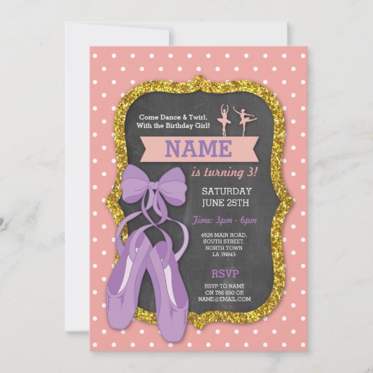 Invitation Ballet Anniversaire Fête Ballerina Parties scintil (Devant)