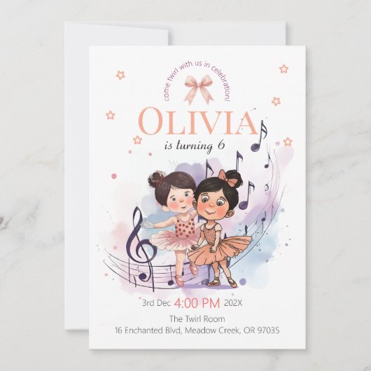 Invitation Ballet Birthday Invite – Twirl Party Theme (Devant)