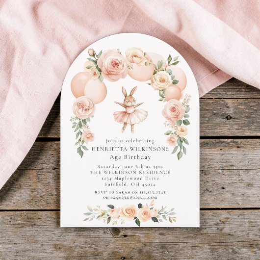 Invitation Ballet Bunny Peach Floral Arch Birthday