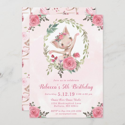 Invitation Ballet Dancing Kitten Fête d'anniversaire (Devant / Derrière)