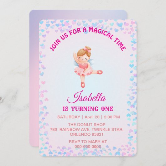 Invitation Ballet magique dégradé arc-en-ciel 1ère fête d'ann (Devant / Derrière)