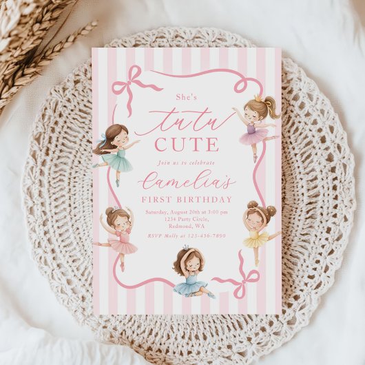 Invitation Ballet Pink Girls Bow Tutu Ballerina 1st Birthday