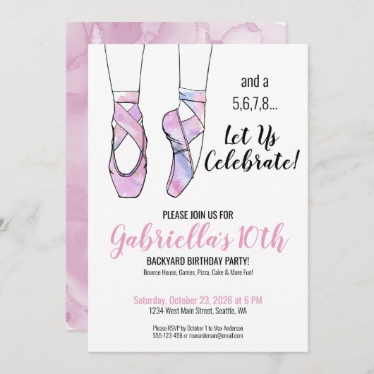 Invitation Ballet rose fête d'anniversaire (Devant / Derrière)