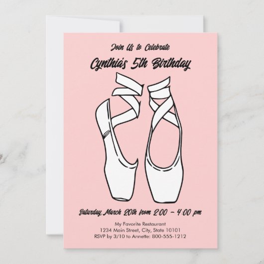 Invitation Ballet rose minimaliste fête d'anniversaire (Devant)