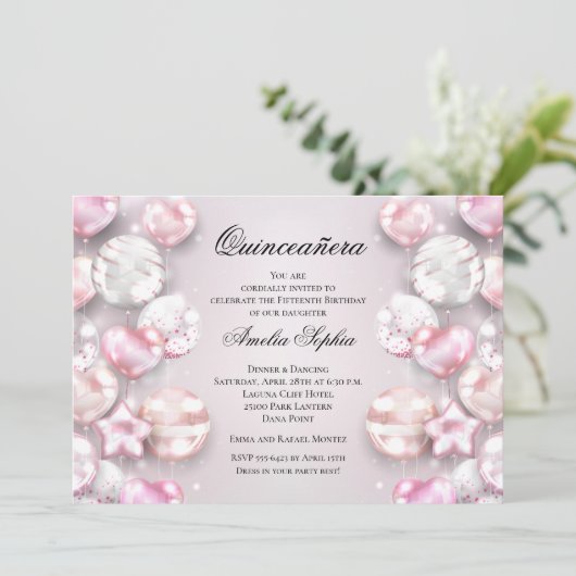 Invitation Balloirs blancs roses Quinceañera (Debout devant)