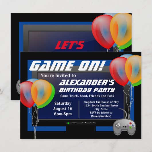Invitation Balloirs Écran Jeux Vidéo Jeu fête d'anniversaire (Devant / Derrière)
