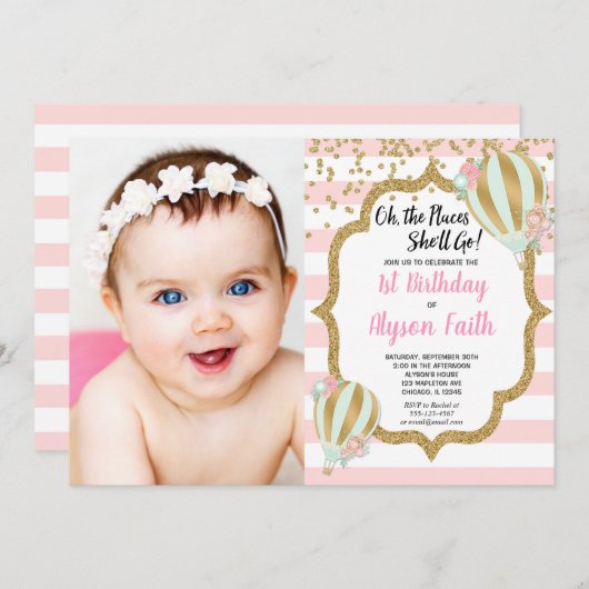 Invitation Ballon à air chaud 1er anniversaire rose or photo (Devant / Derrière)