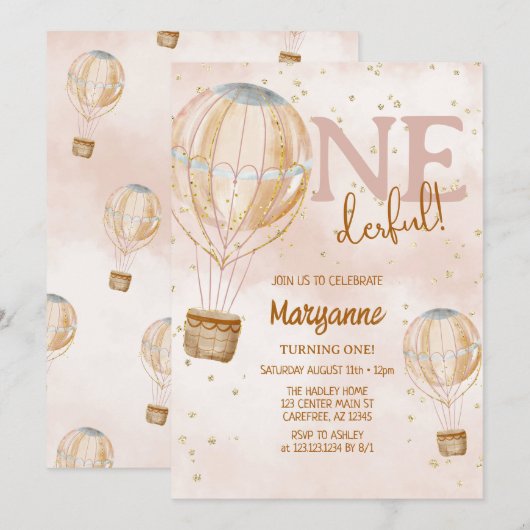 Invitation Ballon à Air Chaud Bohème 1er Anniversaire (Devant / Derrière)