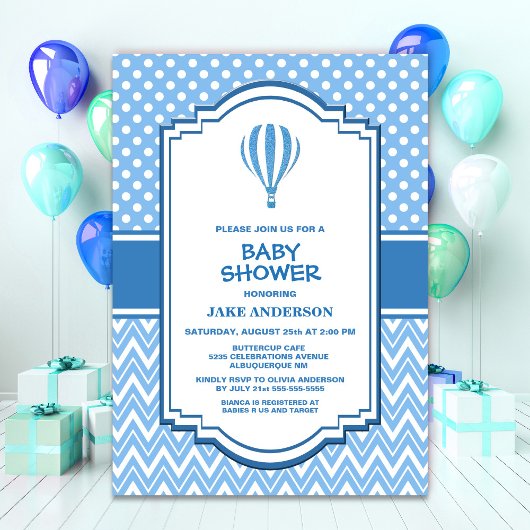 Invitation Ballon à Air Chaud Chevrons Points Bleus