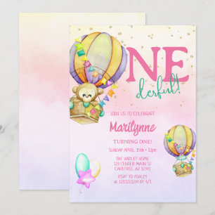 Invitation Ballon à Air Chaud Onederful Rose 1er Anniversaire