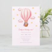 Invitation Ballon à air chaud rose fille 1er anniversaire fêt (Debout devant)