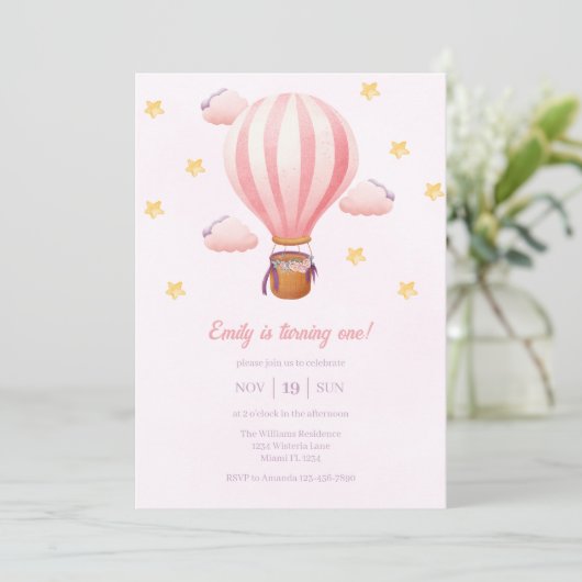 Invitation Ballon à air chaud rose fille 1er anniversaire fêt (Debout devant)