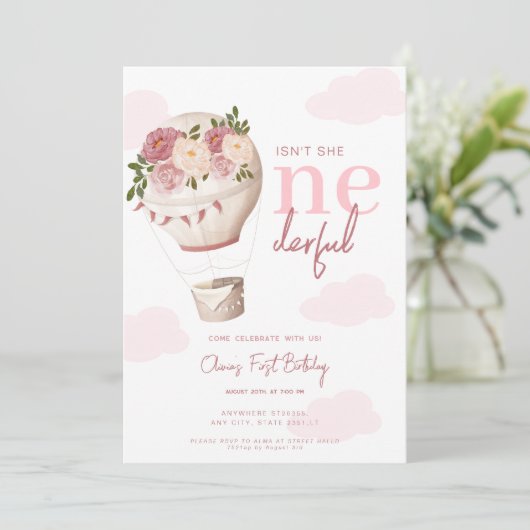 Invitation Ballon à air chaud rose floral 1er anniversaire (Debout devant)