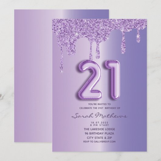 Invitation Ballon à script avec gouttes de paillettes violett (Devant / Derrière)