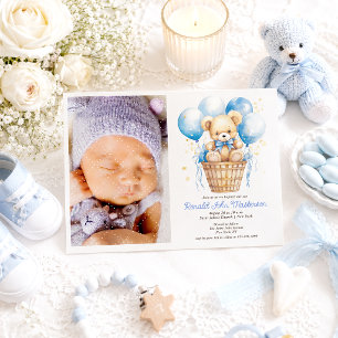 Invitation Ballon aquarelle, Ours en peluche, Baptême de garç