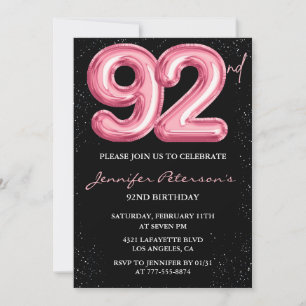 Invitation Ballon Black Pink Glam 92e anniversaire