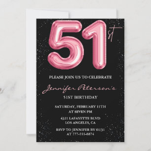 Invitation Ballon Black Pink Glam Glitter 51e anniversaire