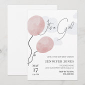 Invitation Ballon blanc rose c'est une fille (Devant / Derrière)
