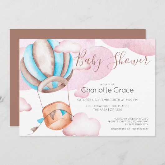 Invitation Ballon Bleu À Air Chaud Dans Le Baby shower Des Nu (Devant / Derrière)