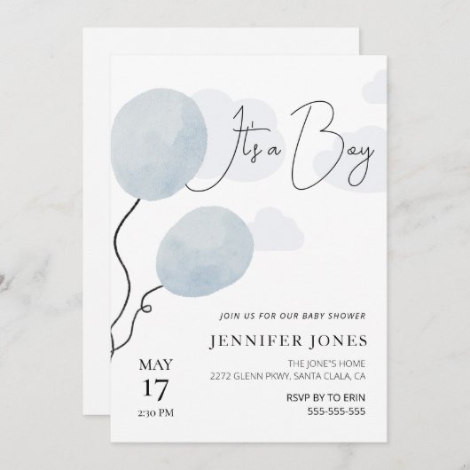 Invitation Ballon bleu blanc c'est un garçon (Devant / Derrière)