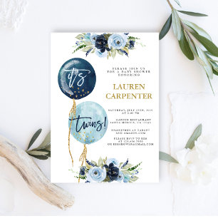 Invitation Ballon bleu marine baby shower Twins boys Invitati
