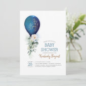 Invitation Ballon bleu marine C'est un Baby shower garçon (Debout devant)