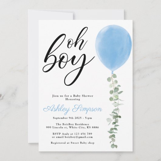Invitation Ballon bleu Oh garçon baby shower eucalyptus (Devant)