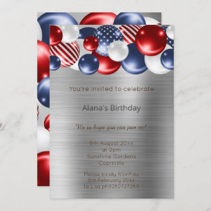 INVITATION BALLON D'ARGENT BLEU ROUGE PATRIOTIQUE ANNIVERSAIR