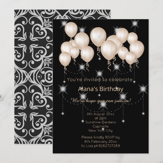 INVITATION BALLON D'ARGENT NOIR DE DAMASK MODERNE ELGANT (Devant / Derrière)