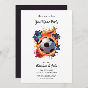 Invitation Ballon de football volant avec flammes.