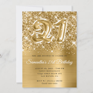 Invitation Ballon Doré Pailleté Anniversaire 21 Ans