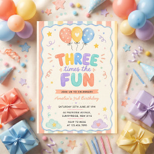 Invitation Ballon en confettis Trois fois plus de fun 3ème an